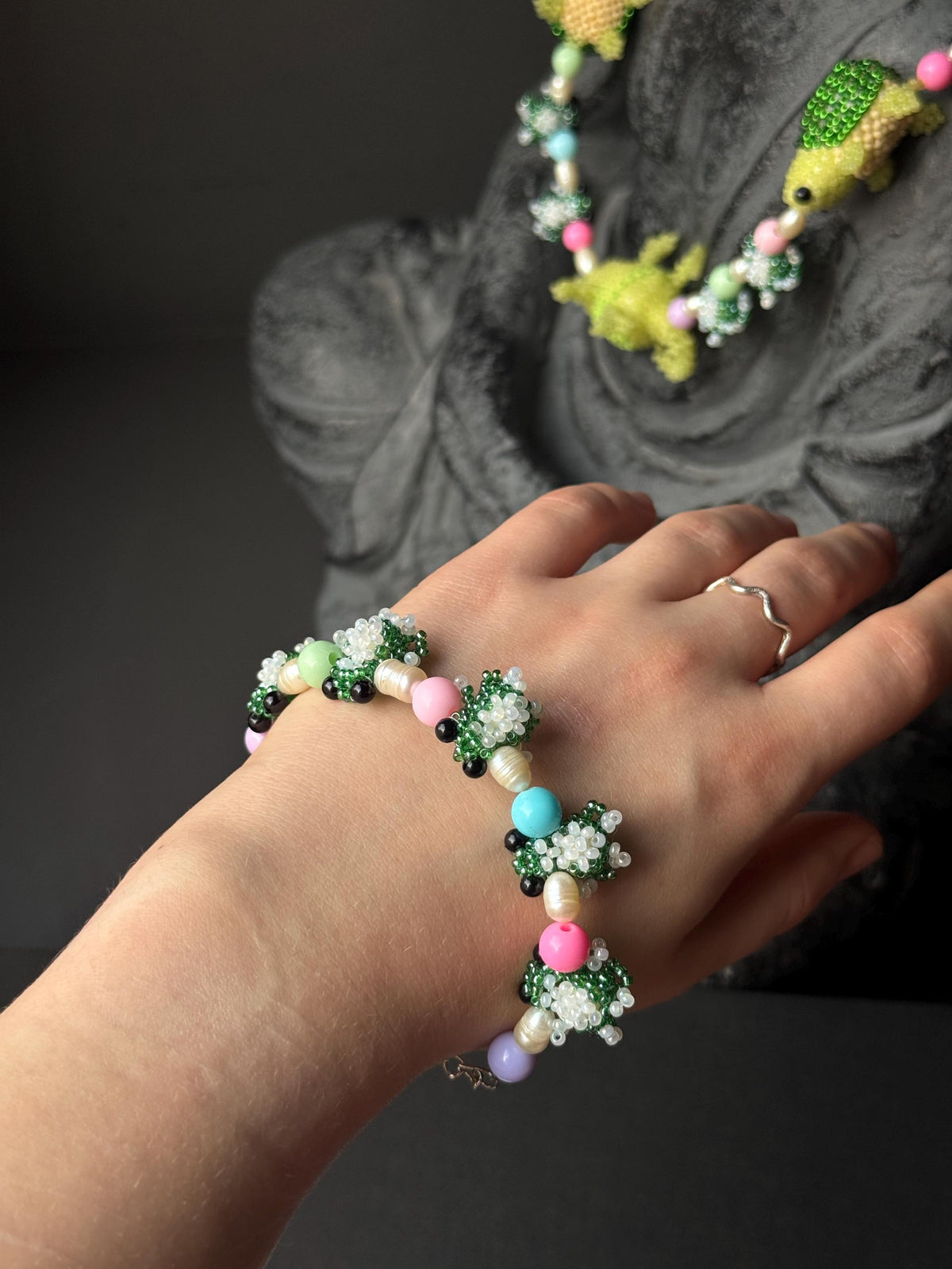 Forest Creature Jewelry Set – Handmade Beaded Necklace & Bracelet, Frog Turtle Chameleon Gift