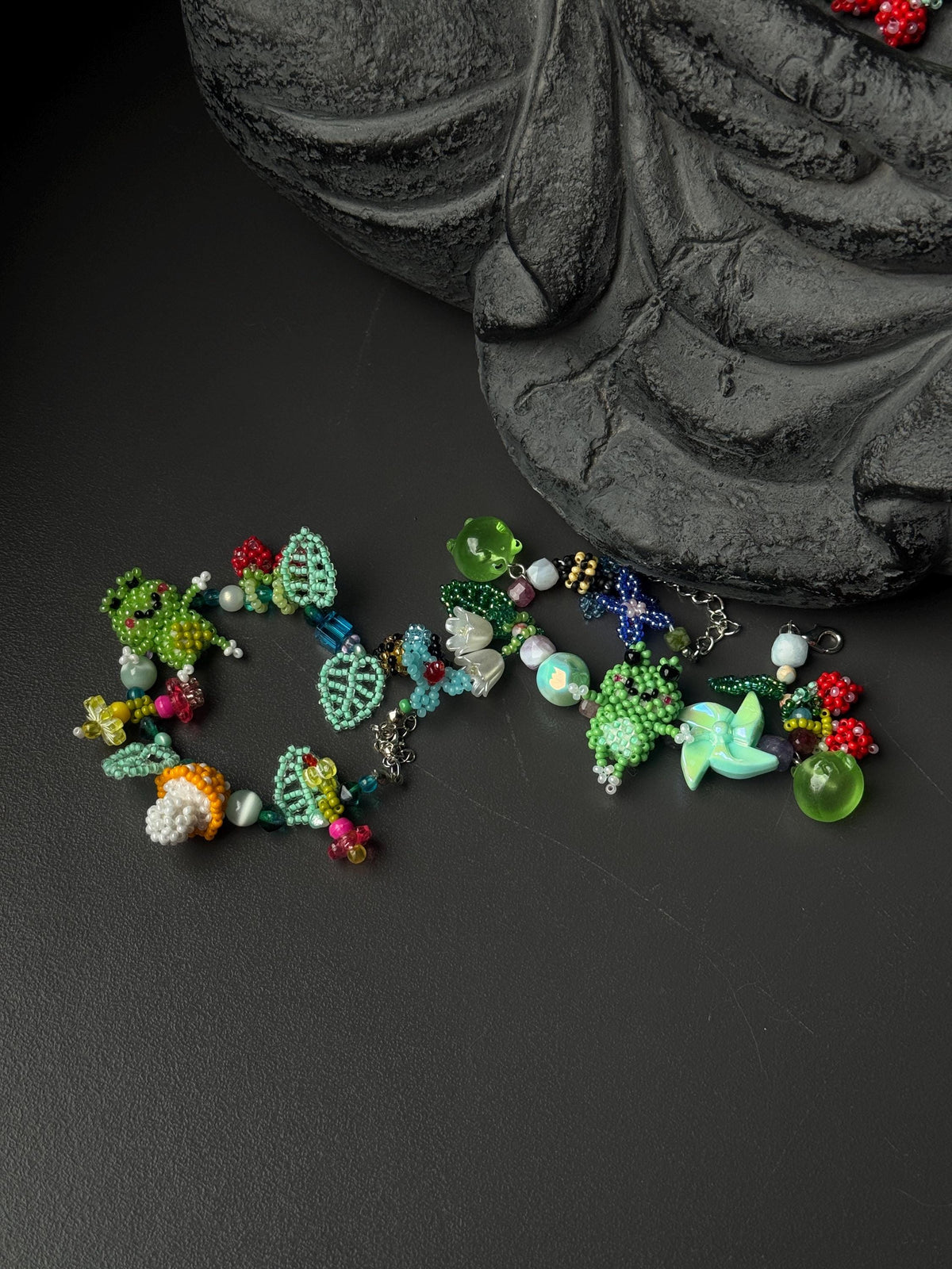 Forest Frog Jewelry Set – Handmade Beaded Necklace & Bracelet, Goblincore Fairycore Gift