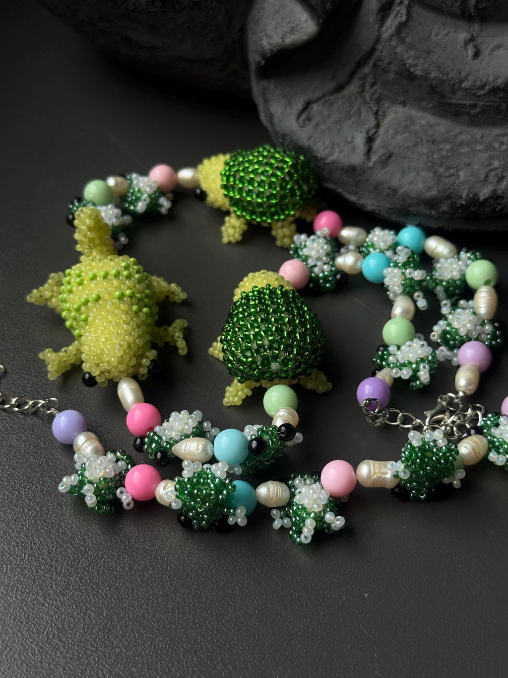 Forest Creature Jewelry Set – Handmade Beaded Necklace & Bracelet, Frog Turtle Chameleon Gift