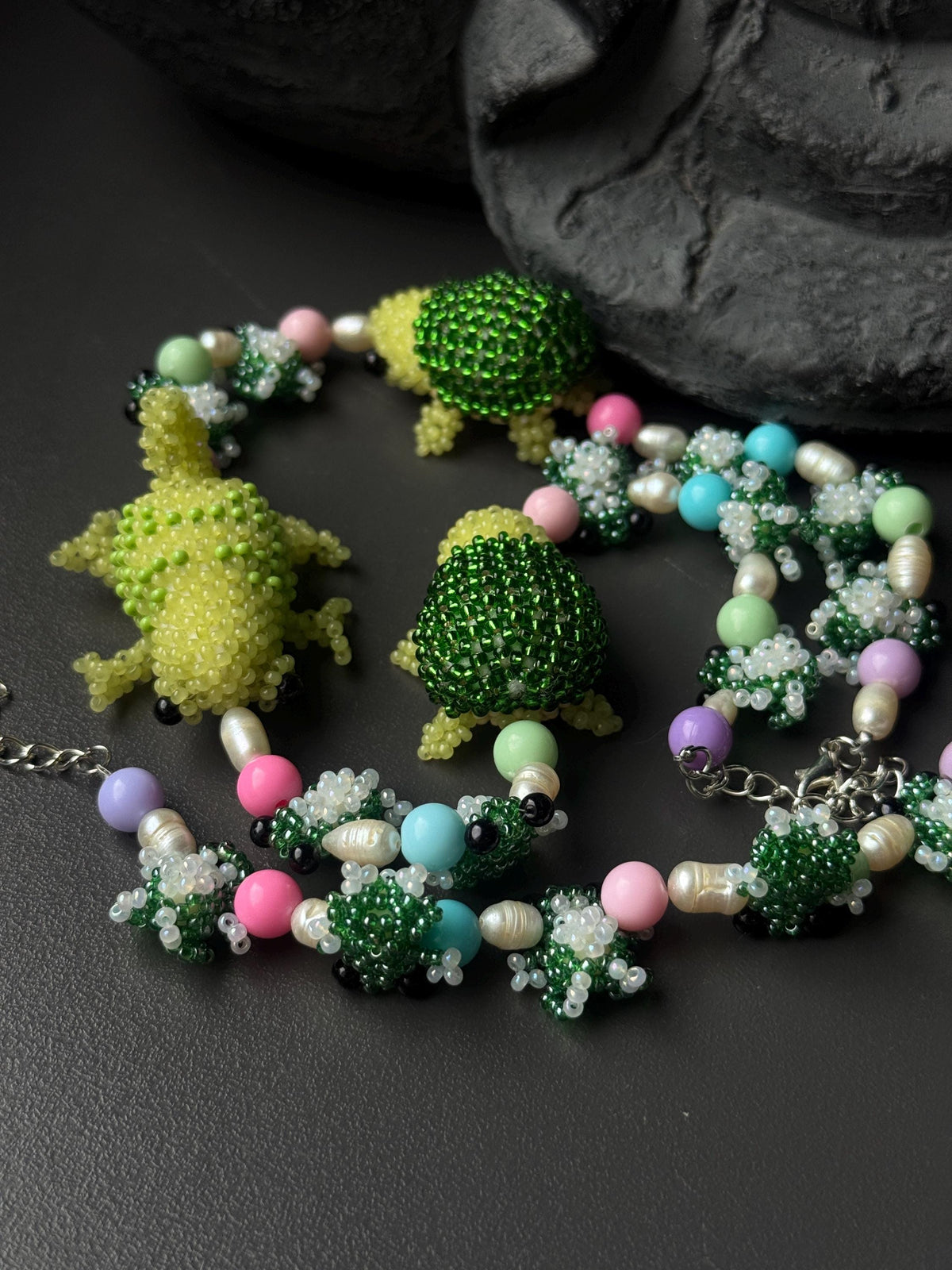 Forest Creature Jewelry Set – Handmade Beaded Necklace & Bracelet, Frog Turtle Chameleon Gift