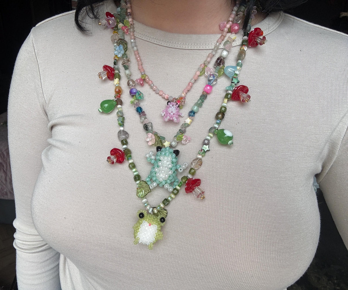 Beaded Necklace with Frog Charm – Forest Aesthetic Jewelry, Nature Inspired Necklace