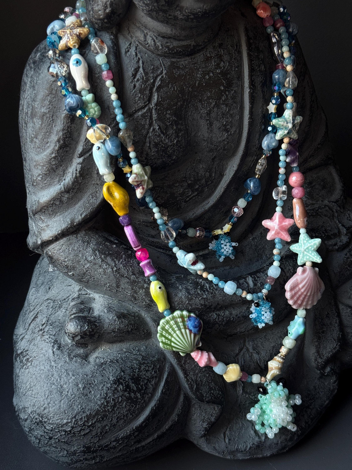 Ocean Inspired Beaded Frog Necklace – Ceramic & Glass Beads with Adjustable Chain