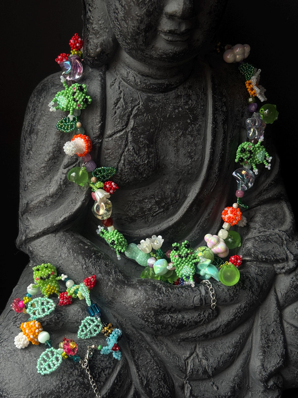 Forest Frog Jewelry Set – Handmade Beaded Necklace & Bracelet, Goblincore Fairycore Gift