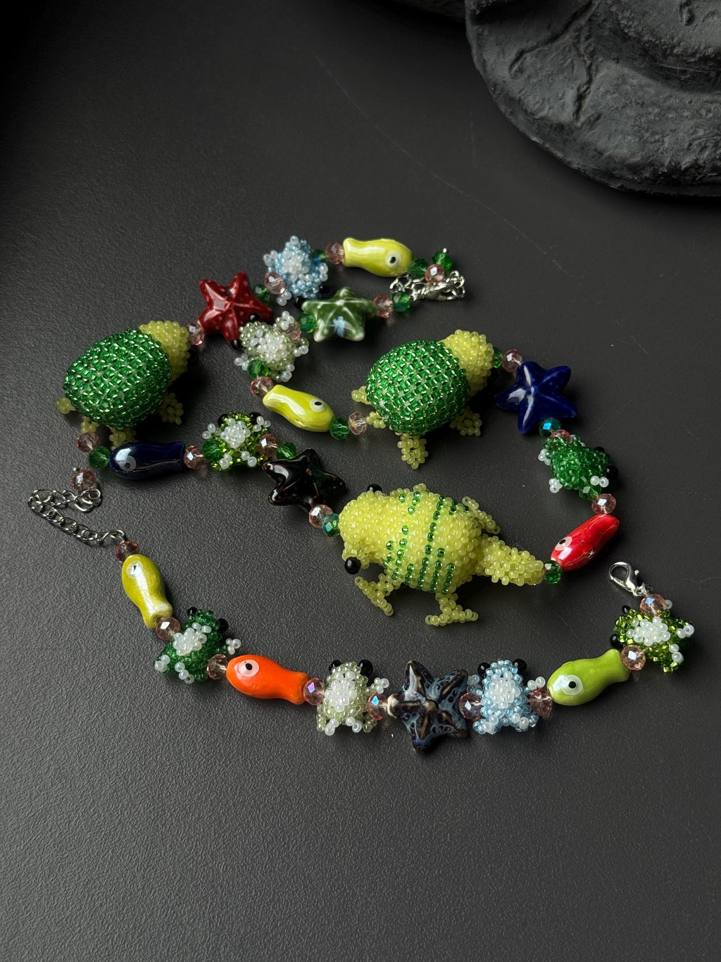 Forest Creature Jewelry Set – Handmade Beaded Necklace & Bracelet, Frog Turtle Chameleon Gift
