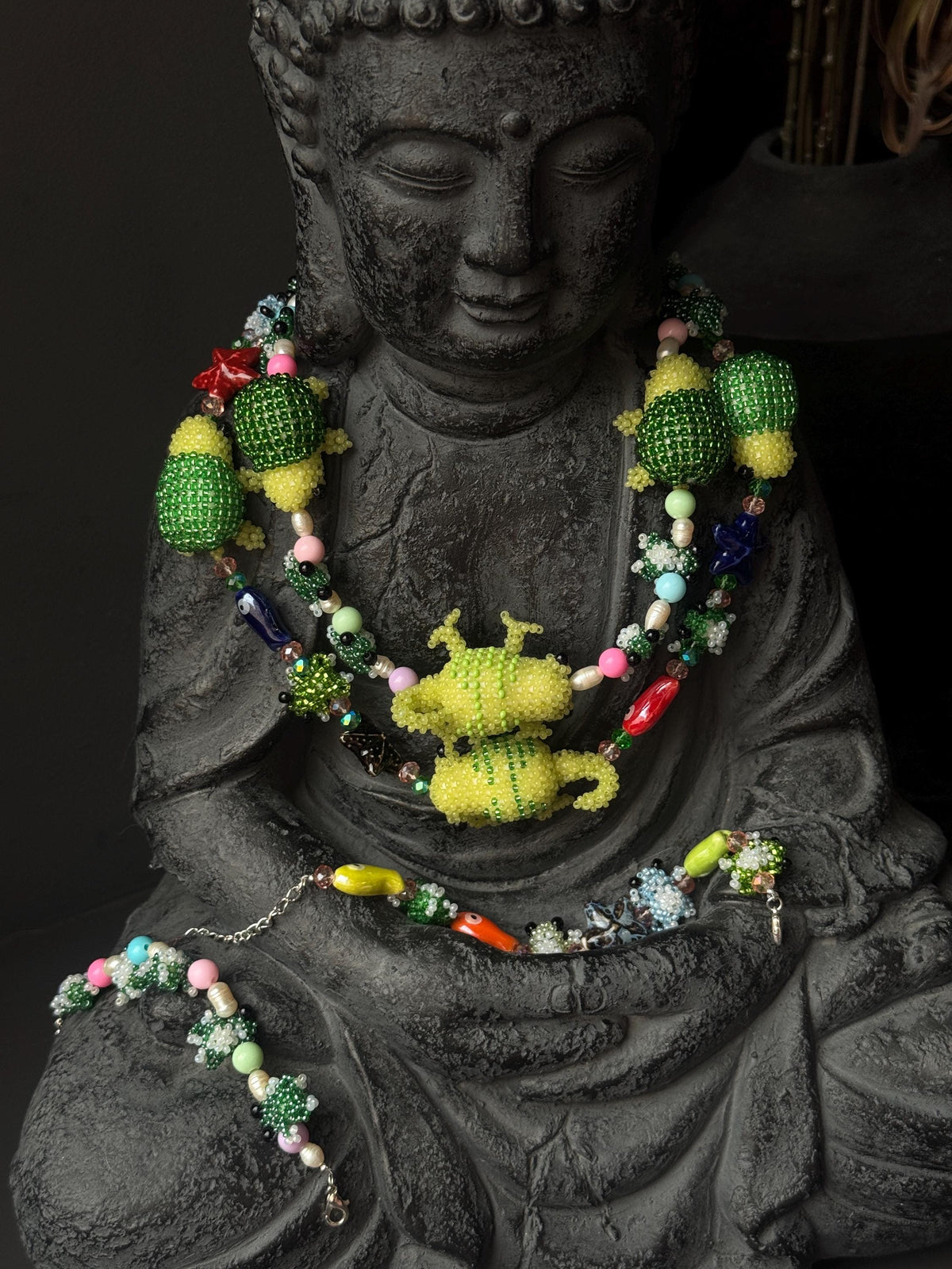 Forest Creature Jewelry Set – Handmade Beaded Necklace & Bracelet, Frog Turtle Chameleon Gift