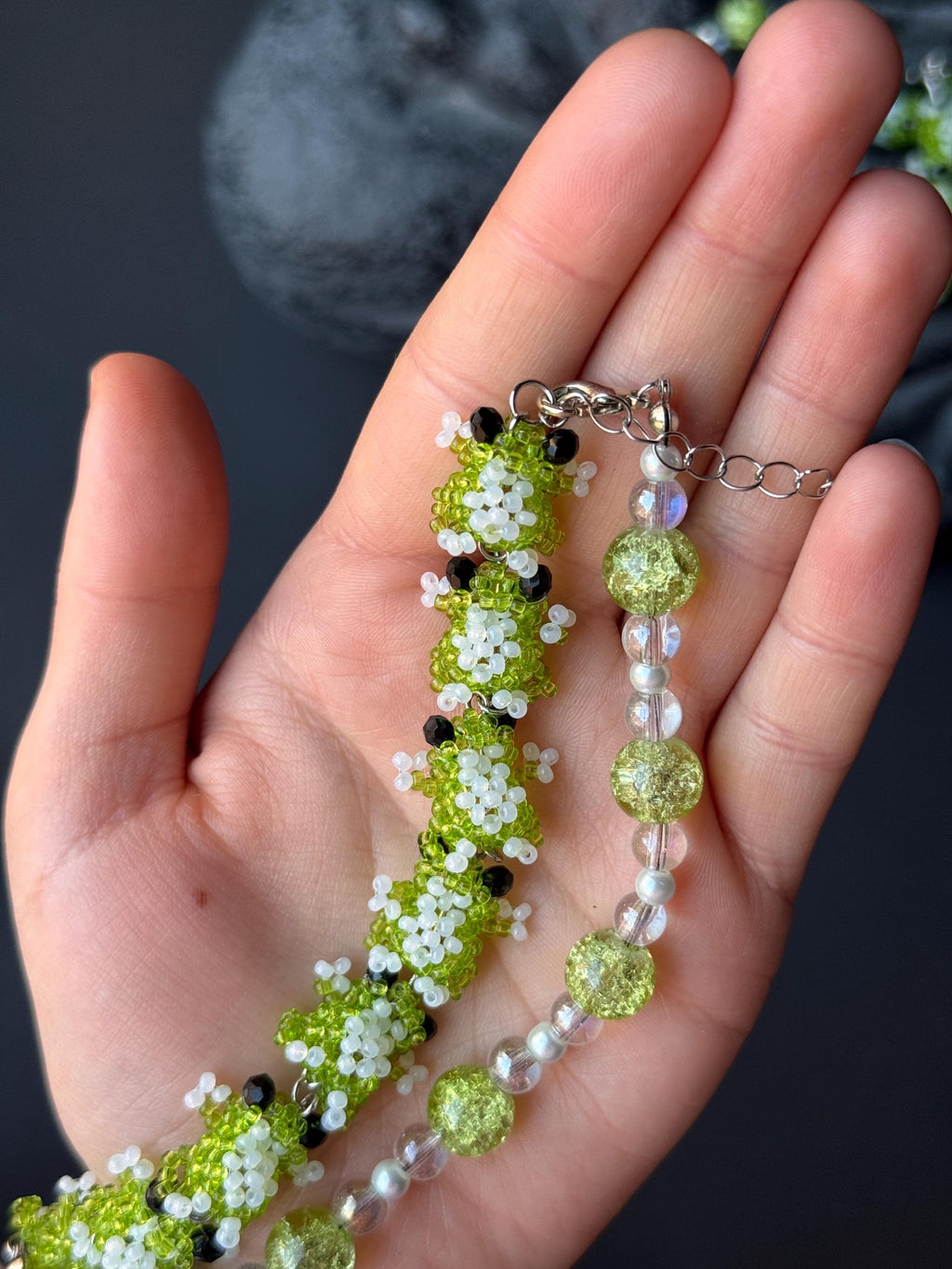 Beaded Frog Jewelry Set – Green Frog Necklace, Bracelet & Earrings