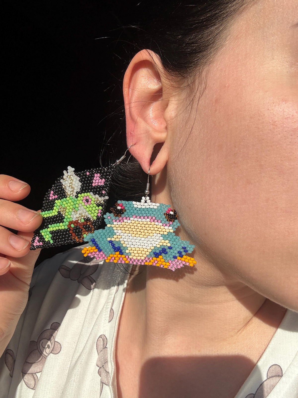 Beaded Frog Earrings – Handmade Goblincore Toad Jewelry, Witchy Cottagecore Seed Bead Statement Earrings, Unique Frog Lover Gift