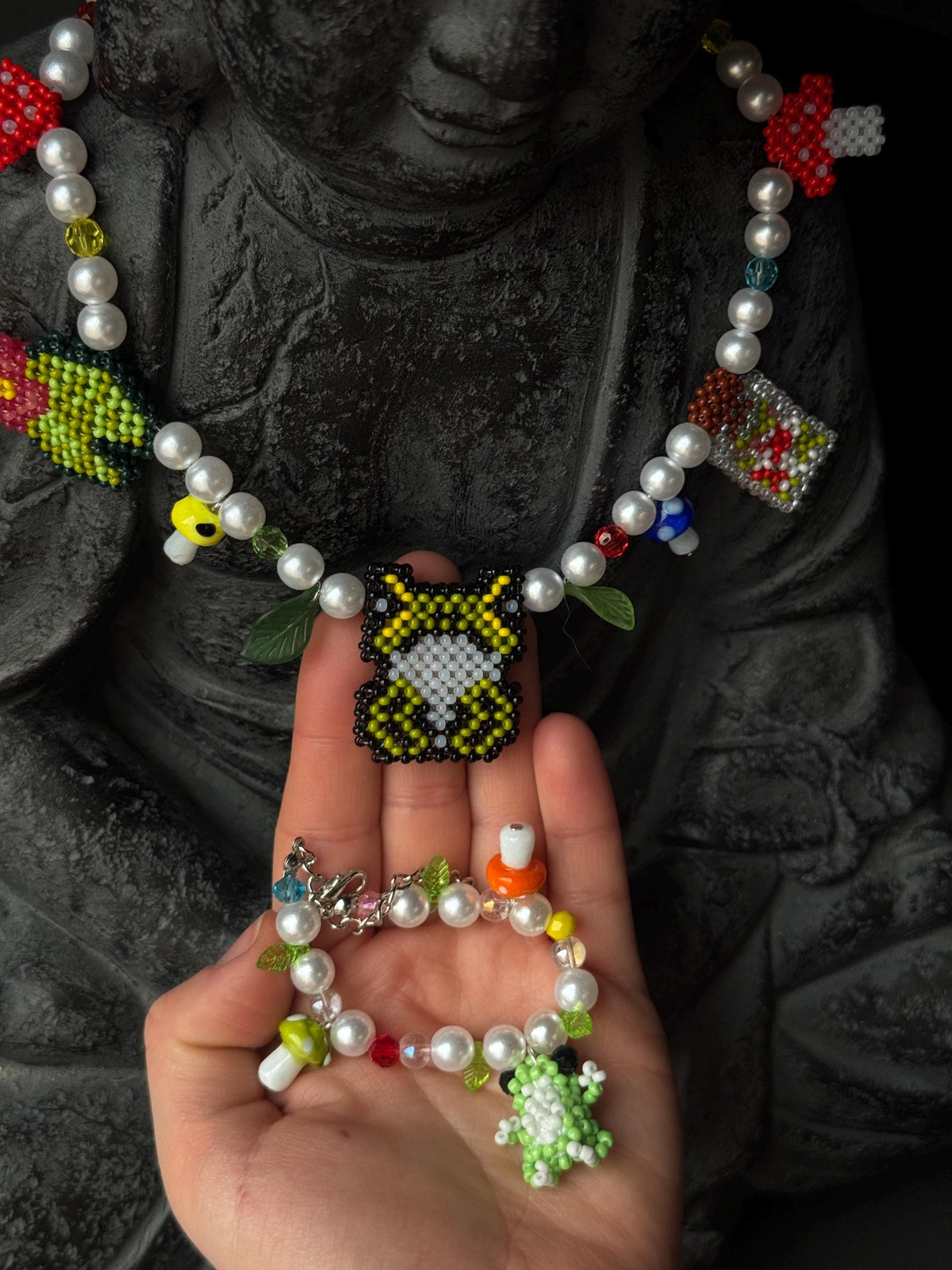 Frog Jewelry Set – Beaded Frog Necklace & Bracelet, Goblincore Fairycore
