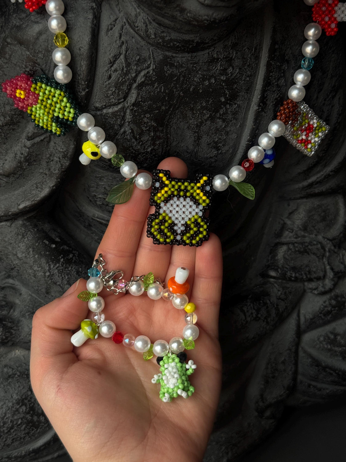 Frog Jewelry Set – Beaded Frog Necklace & Bracelet, Goblincore Fairycore