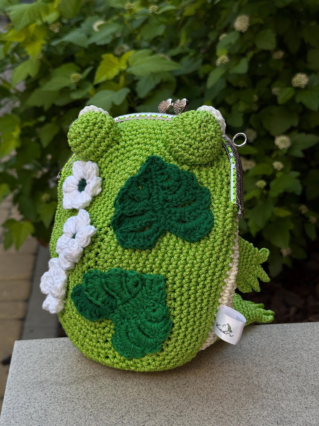 Green Frog Purse with Flowers and Leaves – Crochet Frog bag