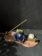 Handmade Frog Incense Holder – Zen Japanese Style Pottery | Green Frog in Kimono, Anime Inspired Ceramic Sculpture