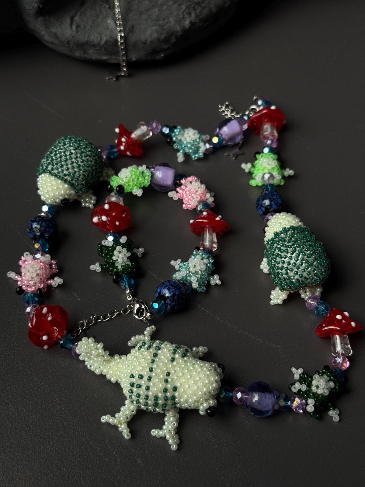 Forest Creature Jewelry Set – Handmade Beaded Necklace & Bracelet, Frog Turtle Chameleon Gift