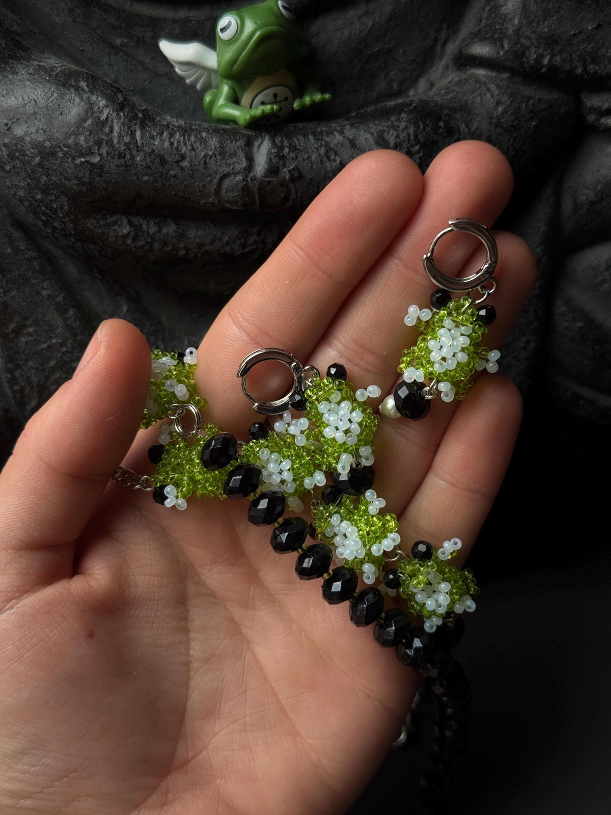 Beaded Frog Jewelry Set – Green Frog Necklace, Bracelet & Earrings