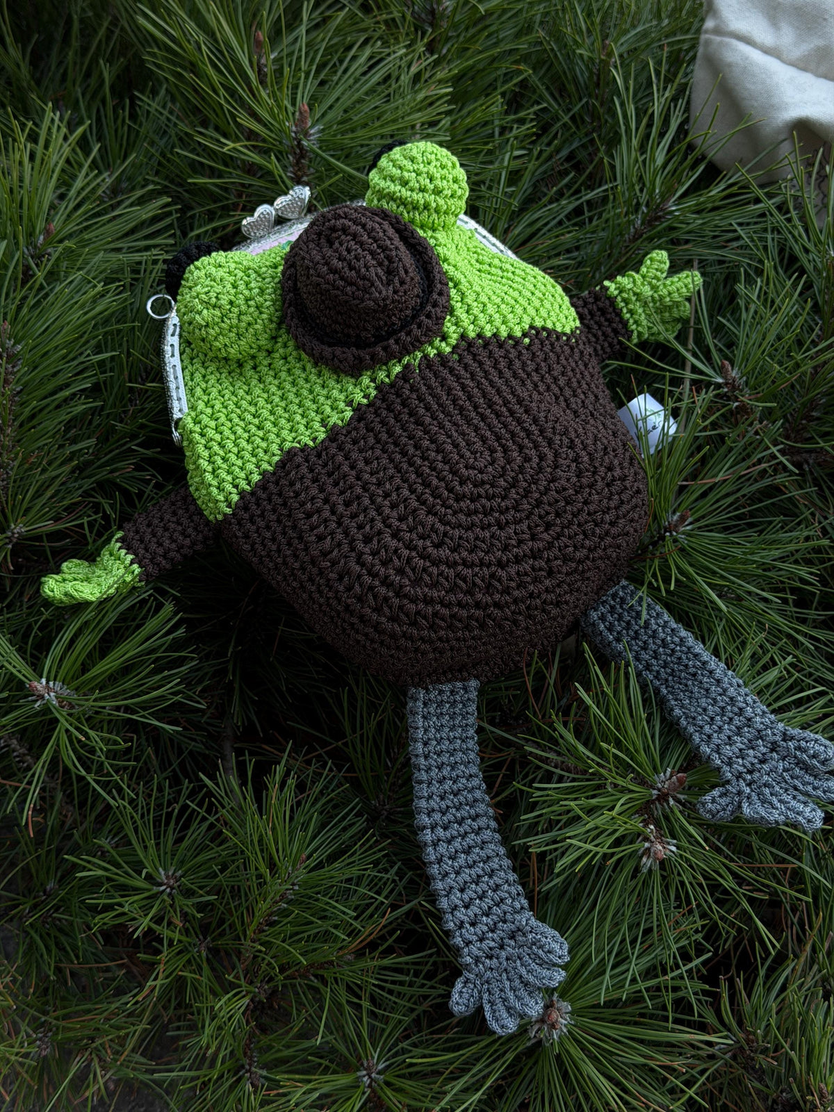 Detective Frog Crochet Bag, Frog Crossbody Purse, Handmade Frog Bag with Hat & Shoes, Cottagecore Frog Gift