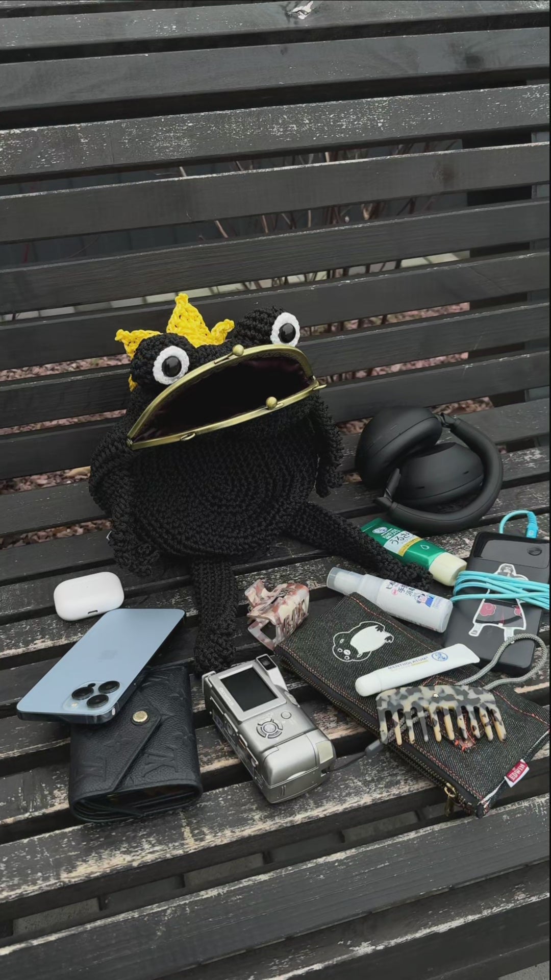 Frog King Bag – Handmade Black Frog Purse with Golden Crown