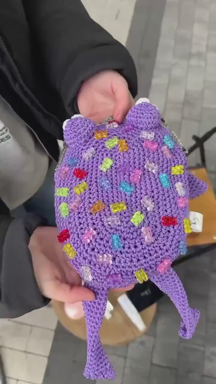 Purple Crochet Frog Bag with Gummy Bears – Handmade Shoulder & Crossbody Bag