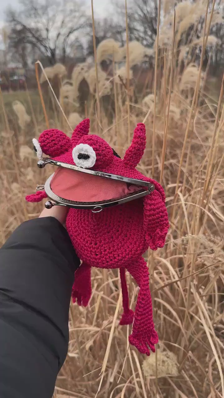 Crochet Frog Bag – Handmade Devil Purse with Horns, Kawaii Goth Frogcore Gift