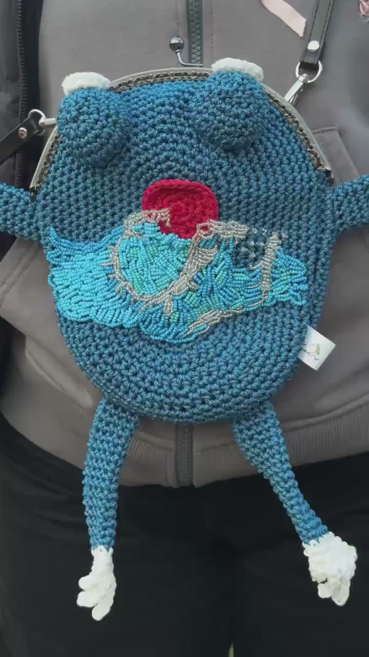 Crochet Frog Bag with Beaded Embroidery Handmade Purse Inspired by The Great Wave